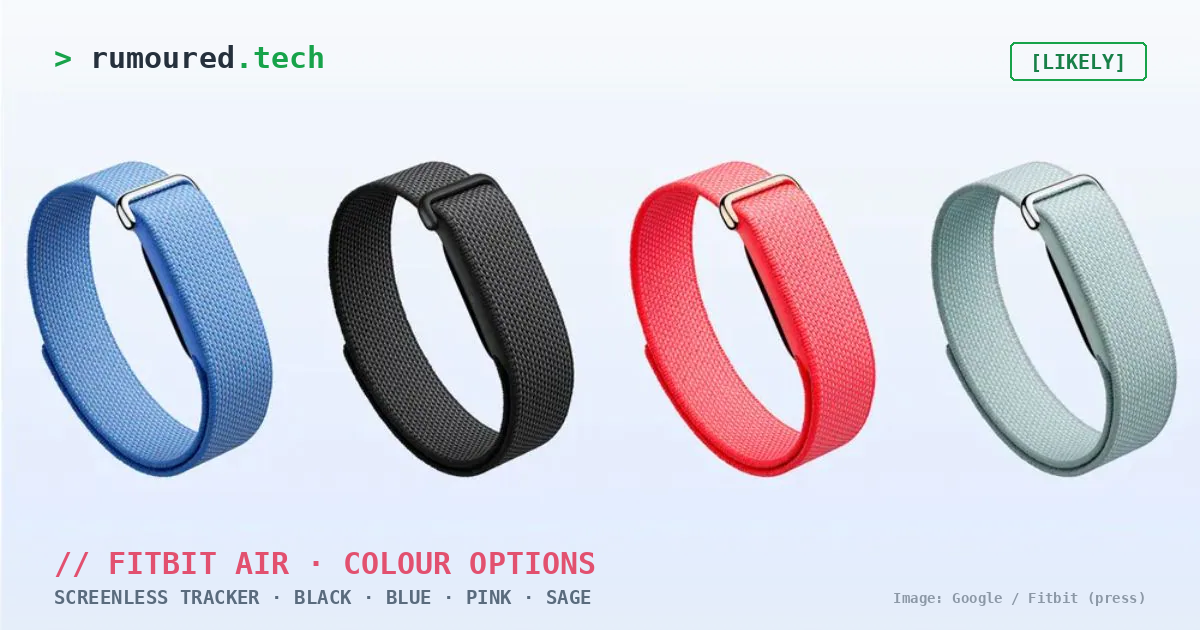 Fitbit Air colour options — blue, black, red and sage screenless bands