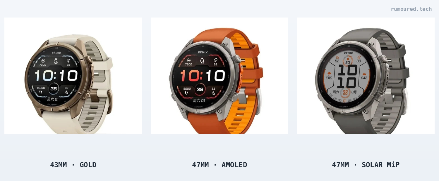 Garmin Fenix 9 Pro variants — 43mm gold, 47mm AMOLED and 47mm solar MiP