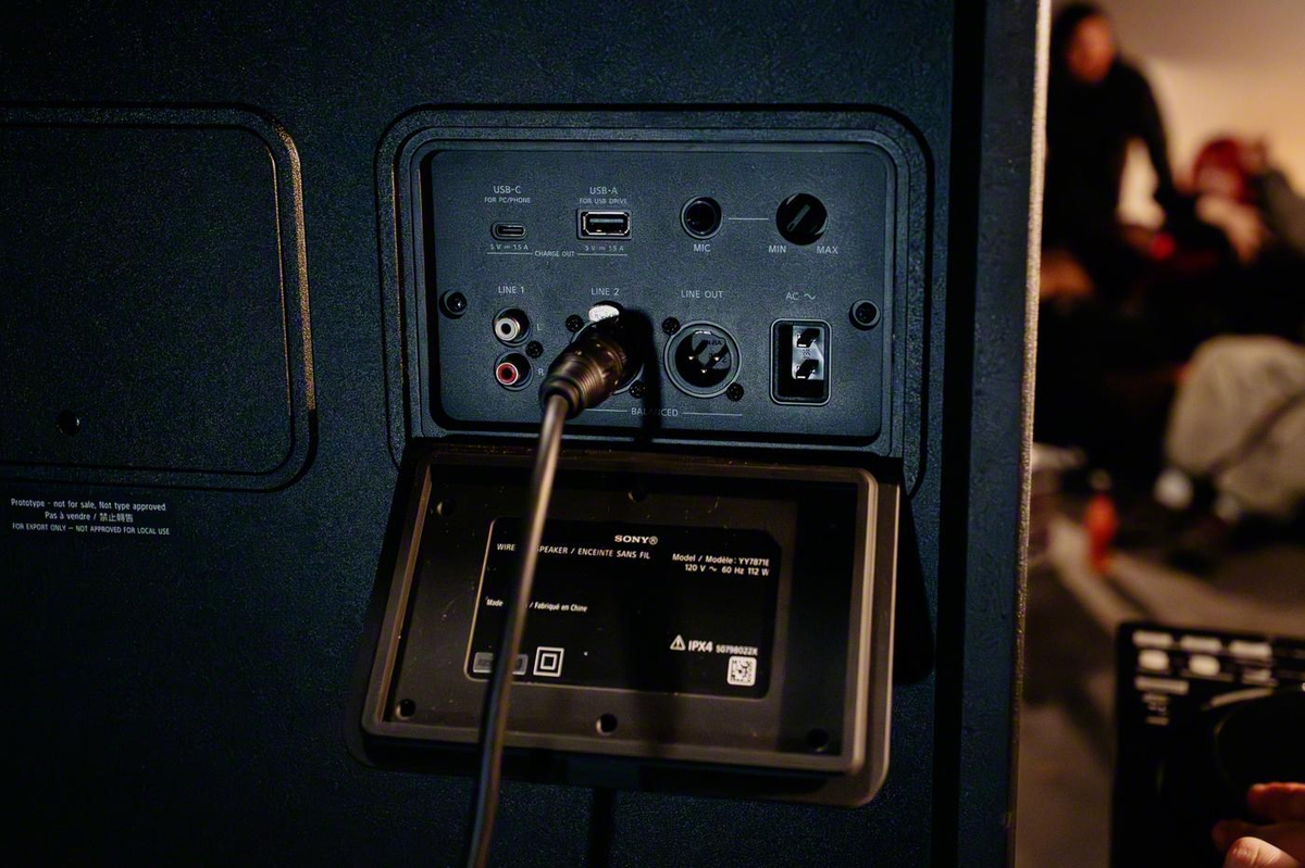 Sony ULT Tower access panel showing RCA, USB-C and XLR ports